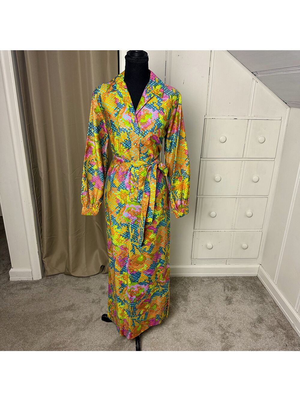 Vintage 60s 70s Tori Richard Hawaiian Psychedelic Maxi Dress Bright Mod Sz M